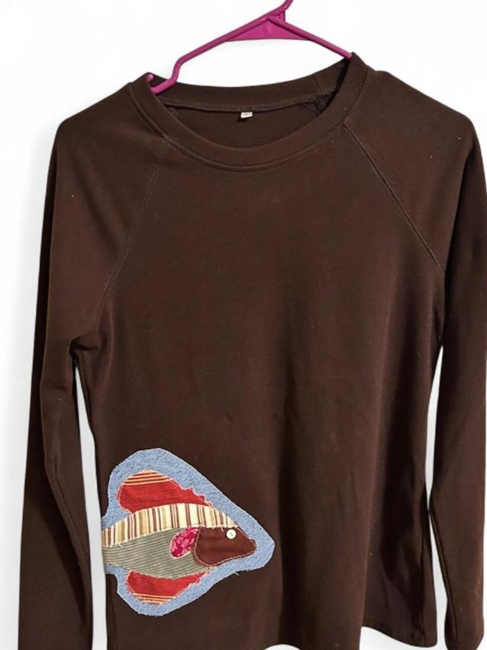 Brown Long Sleeve Fish Patchwork Appliqué Shirt Y2K